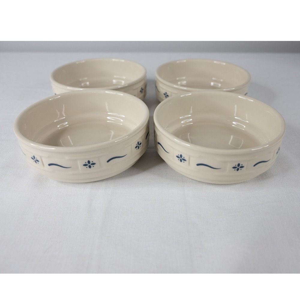 Longaberger Woven Traditions 6" Bowls Set of 4 Ivory Blue Excellent Pottery - Picture 3 of 9